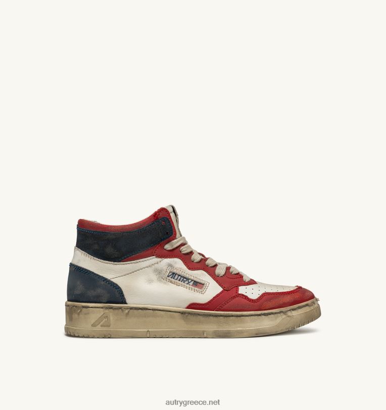 Autry άνδρες σούπερ vintage μετάλλιο mid sneakers σε δερμάτινο λευκό κόκκινο μπλε 04FXF33 - Image 1
