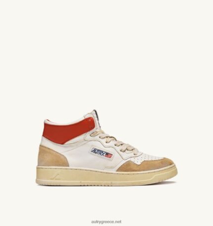 Autry άνδρες σούπερ vintage mid sneakers σε κιτρινωπό αποτέλεσμα δέρμα λευκό και πορτοκαλί 04FXF68