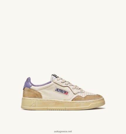Autry γυναίκες σούπερ vintage χαμηλά sneakers σε κιτρινωπό εφέ δέρμα λευκό και λεβάντα 04FXF267